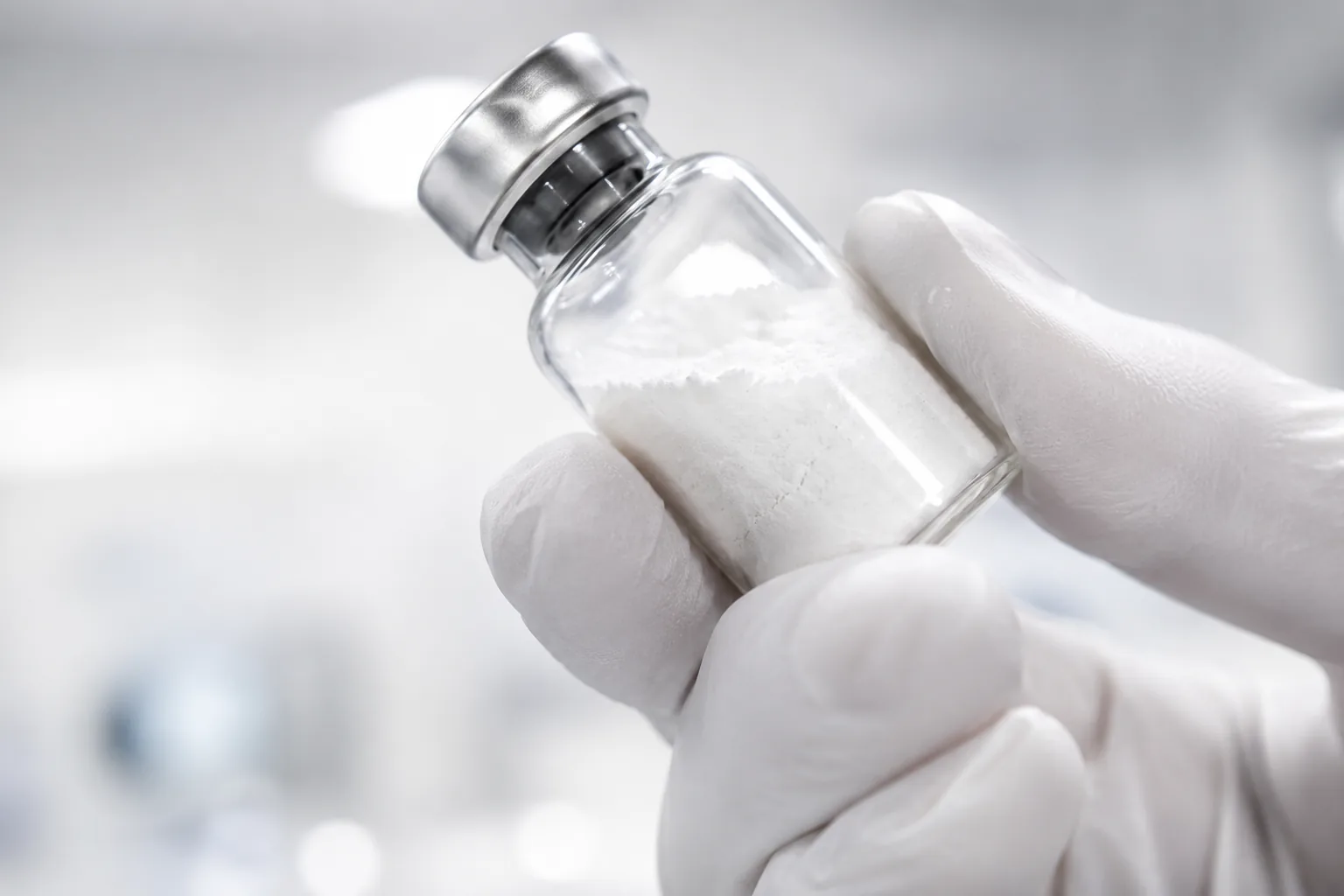 Gloved hand holding a research vial with an FDA certified mark